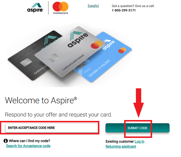 www.aspirecreditcard.com Acceptance Code